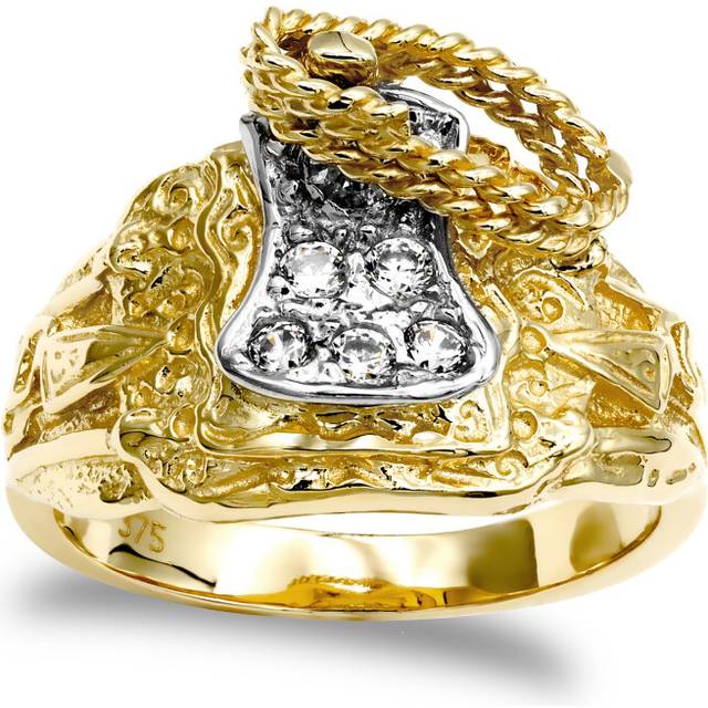 (Q) Jewelco London Men's Solid 9ct Yellow Gold White Round Brilliant Cubic Zirconia Horse Saddle Rope Ring - JRN054A