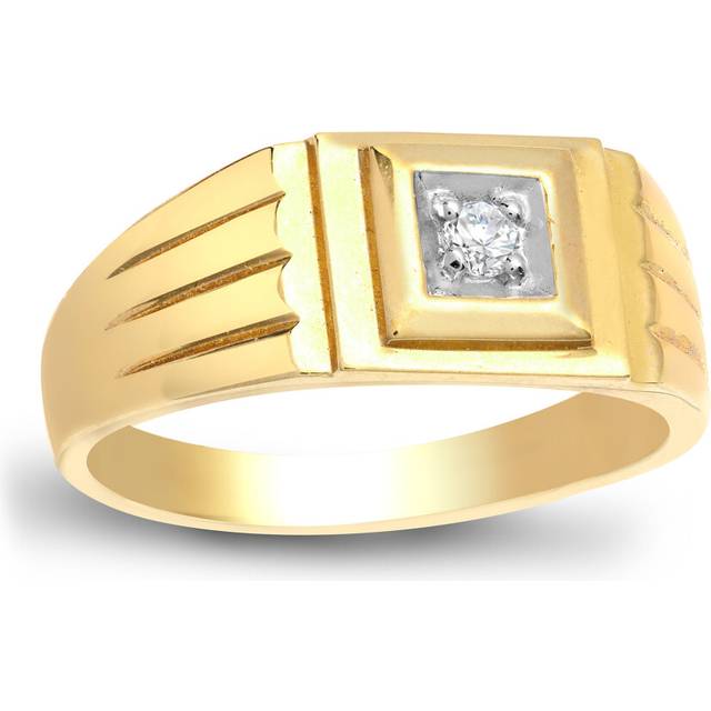 (Z) Jewelco London Men's Solid 9ct Yellow Gold 4 Claw Set Round H I2 0.11ct Diamond Solitaire Signet Ring 9mm