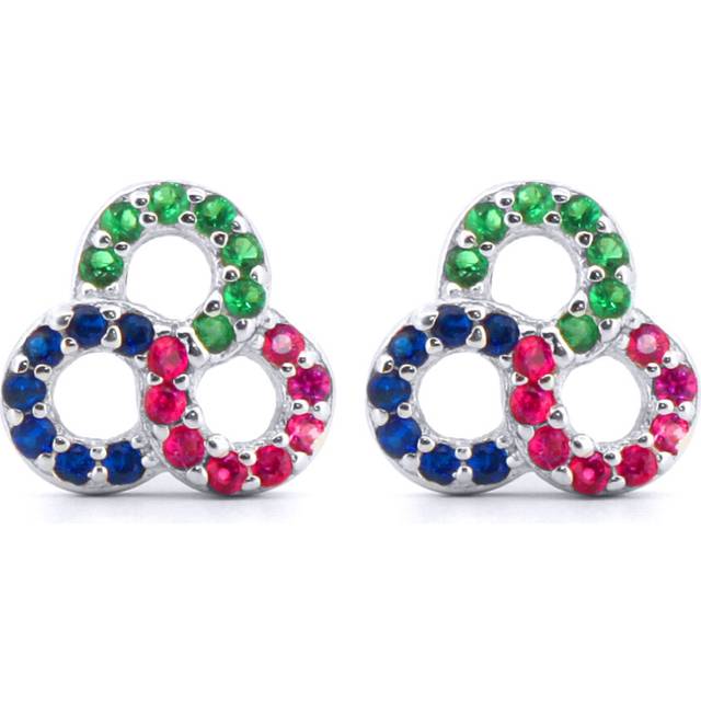 Jewelco London Rhodium Silver Red Green Blue Round Brilliant CZ Triple Infinity Knot RGB Stud Earrings - AES174