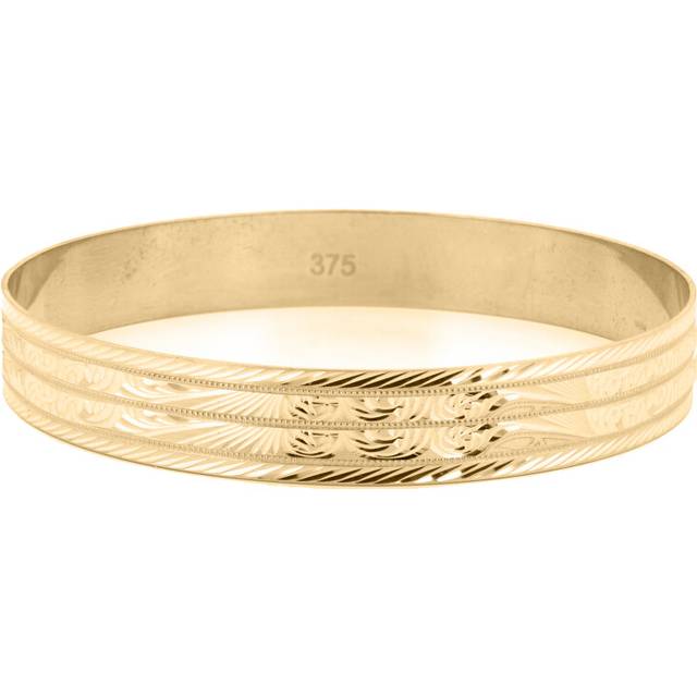Jewelco London Ladies Solid 9ct Yellow Gold Diamond-cut Baroque Filigree Pattern Slave 12mm Bangle Bracelet - JBG359-02