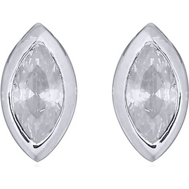 Jewelco London Rhodium Silver White Marquise CZ Cats Eyes Bezel Solitaire Stud Earrings - AES153