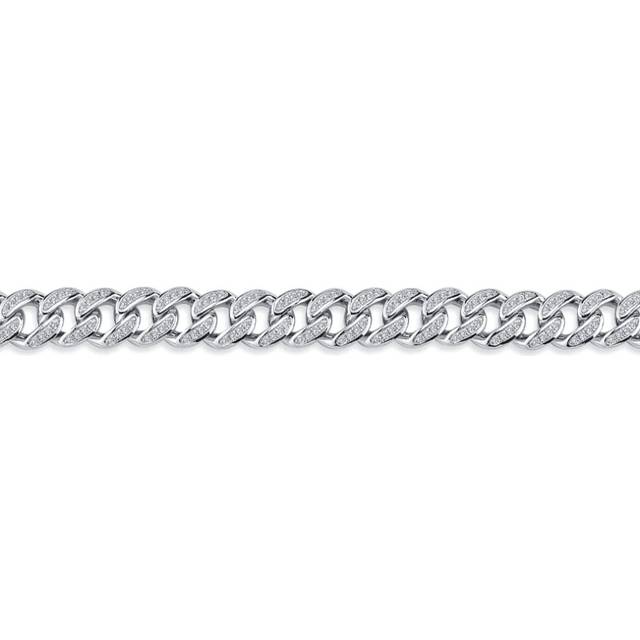 Jewelco London Men&#39;s Rhodium Silver Round CZ Cuban Curb Link Chain Bracelet - ABB197