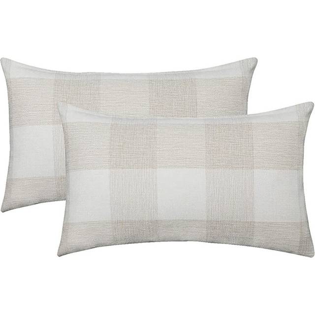 2 Piece Vintage Checkered Plaid Polyester Linen Soft Decorative Throw Pillow Cover Home Decor Cushion Cover - 12''x20'' Cream and White
