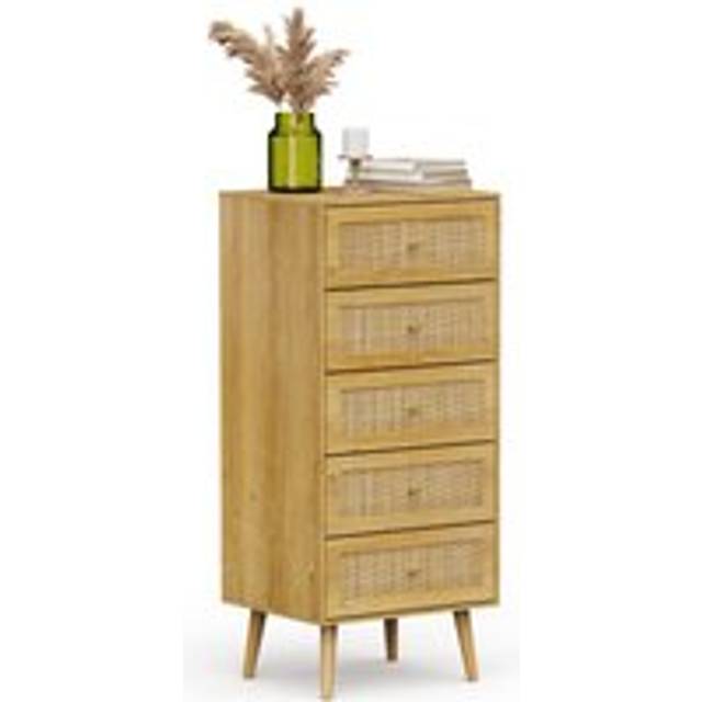 Tall chest of drawers with natural rattan, slim chest of drawers - vonhaus