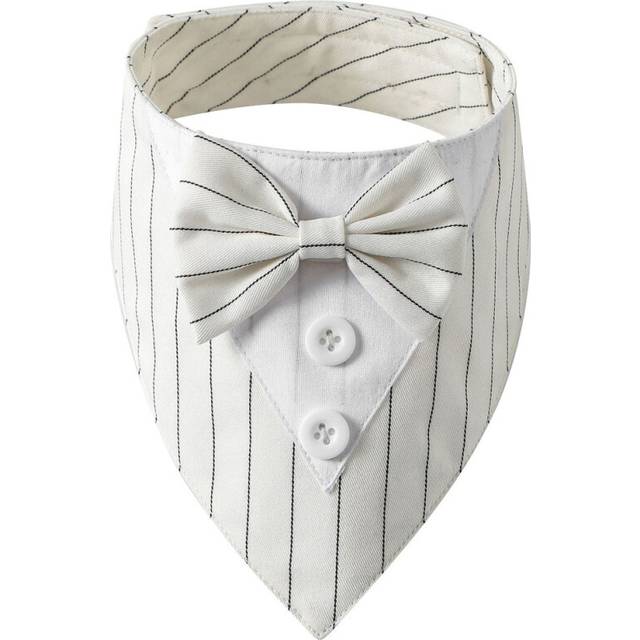 Dog Wedding Bandana Dog Collar with Bow Tie Birthday Costume Adjustable Pet Party Tux?White stripes - White Stripe-L