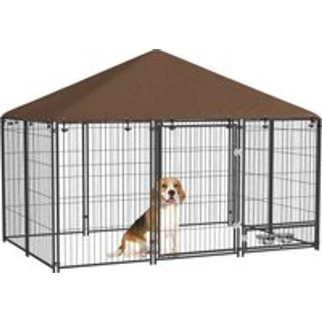 PawHut Outdoor Dog Kennel Puppy Play Pen with Canopy Garden Playpen Fence Crate Enclosure Cage Rotating Bowl 211 x 141 x 151 cm