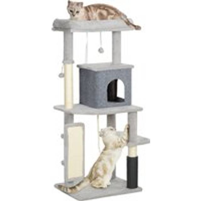 Pawhut 132cm Cat Tree W/ Scratching Posts, Pad, Cat Bed, Cat House, Jumping Platform, Grooming Brush, Anti-tip Kit, Light Grey
