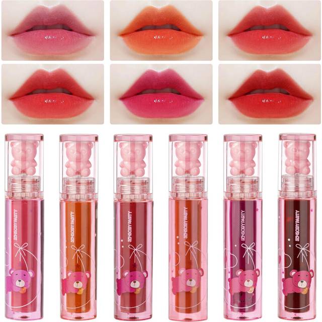 6Pcs Lip Oil and Lip Gloss Set, Bear Lip Glaze Jelly Lip Gloss, Hydrating Non-sticky Lip Glow Oil Tinted, Moisturizing Plumping Lip Oil Tinted Gloss