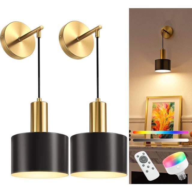 NIORSUN Battery Operated Wall Sconces, Gold & Black Battery Operated Wall Lights Indoor with 5200mAh Dimmable Detachable Bulbs and Remote, 9 Colors