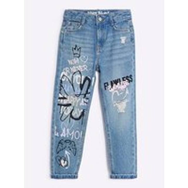 River Island Girls Blue Graffiti Relaxed Mom Jeans - 9 Yrs