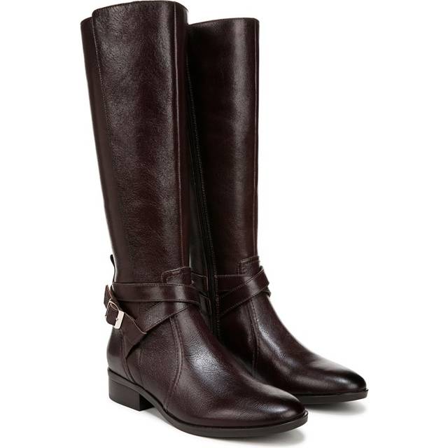 Naturalizer Rena 2 Wide Calf Riding Boots, Brown Leather, 8.5W Block Heels, Zip Closure
