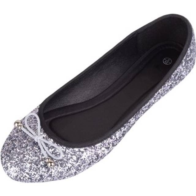 Womens Slip On Casual Party Glittery Ballerina Style Pumps Dolly Shoes - Black - UK 3 / EU 36 - Silver - 7
