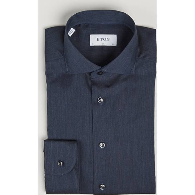 Fiskbensmönstrad skrynkelfri flanellskjorta slim fit blå