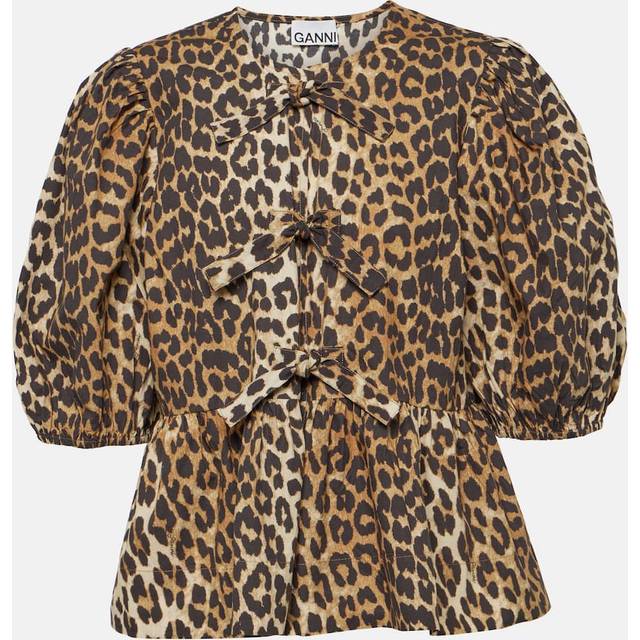 GANNI Brown Cotton Poplin Peplum Tie Blouse - 943 Leopard - DK 36