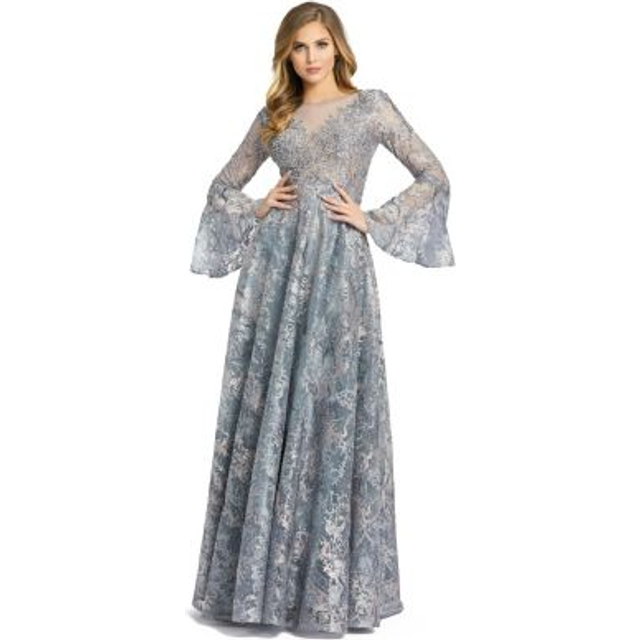 Mac Duggal Embellished Illusion Bell Sleeve A-Line Gown