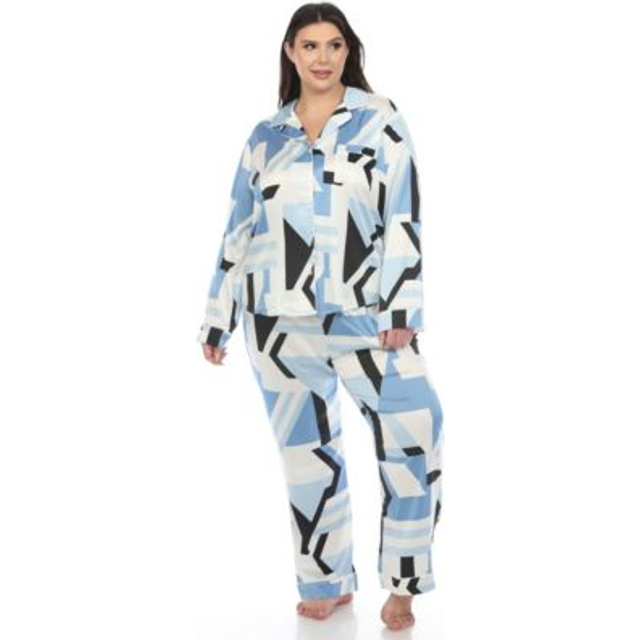 White Mark PS3614-02-2X Blue Plus Size Womens Printed Satin Pajama Set, 2XL