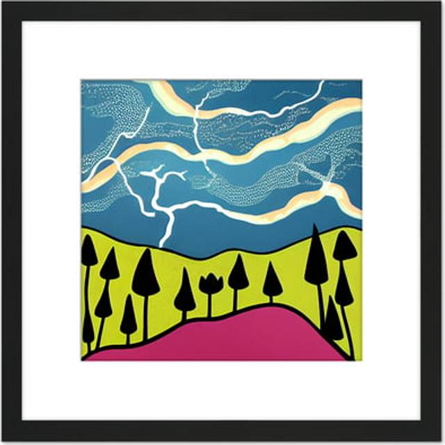 Abstract Forest Mountain Landscape Cloudy Thunderstorm Sky Ink Stamp Illustration Square Wooden Framed Wall Art Print Picture 8X8 Inch - Brown - One S - One Size