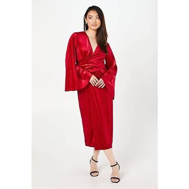 Velvet Long Sleeve Wrap Midi Dress - Red - 8