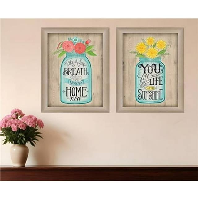 HomeRoots 405708 Mason Jars Floral Brown Framed Print Wall Art - Set of 2