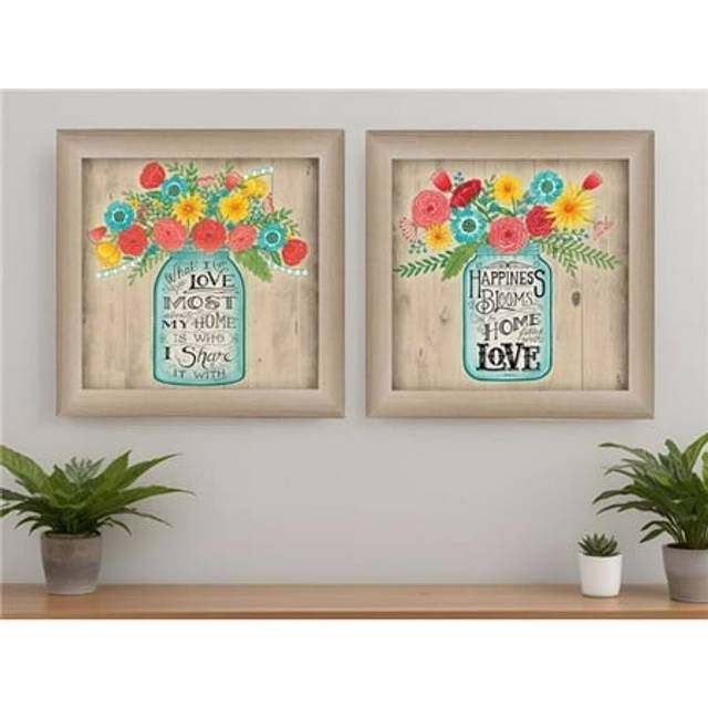 HomeRoots 405709 Mason Jar Floral Happiness at Home Brown Framed Print Wall Art - Set of 2