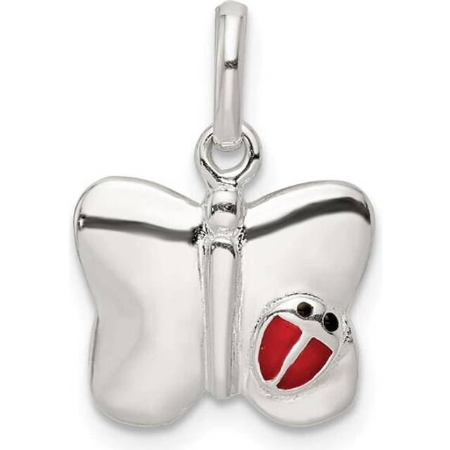 Sterling Silver Polished Enameled Butterfly with Ladybug Pendant