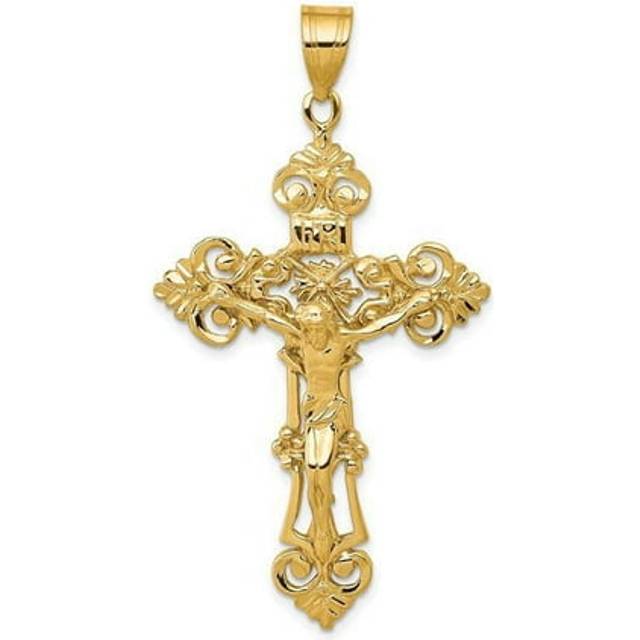14K Yellow Gold Inri Fleur De Lis Crucifix Pendant