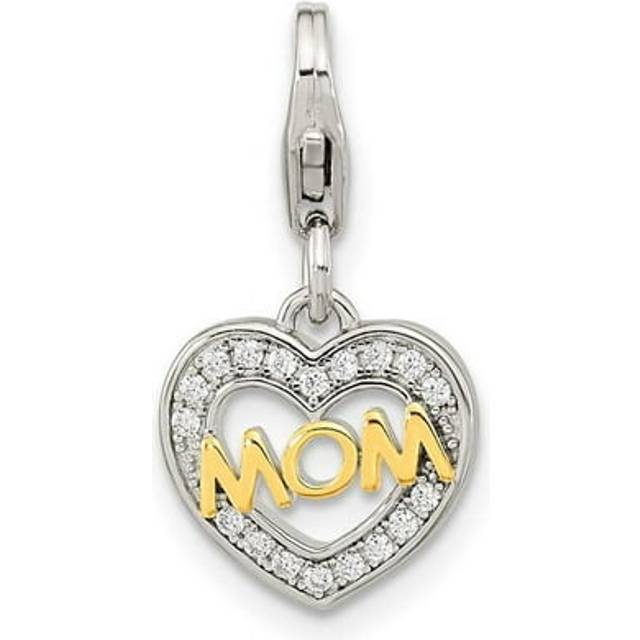 Finest Gold Sterling Silver Gold Plated Amore La Vita Rhodium-pl Gold-Plated CZ Mom Heart Charm