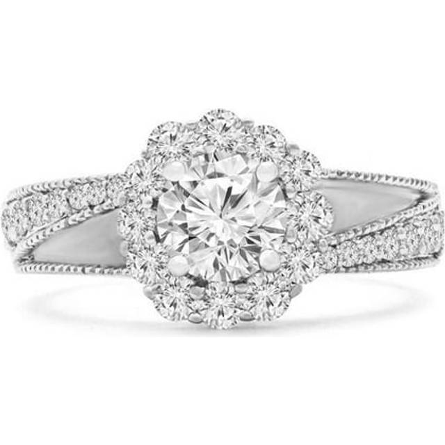 Majesty Diamonds MD240182-4 1.6 CTW Round Lab Created Diamond Split-Shank Floral Halo Engagement Ring in 14K White Gold - Size 4
