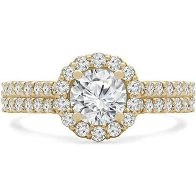 Majesty Diamonds MD240151-3.5 1.16 CTW Round Diamond Two-Row Floral Halo Engagement Ring with Accents in 14K Yellow Gold - Size 3.5