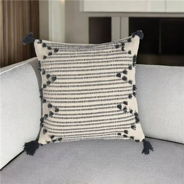 HomeRoots 534640 18 in. Black & White Striped Cotton Throw Pillow Cover with Fringe, Tassels
