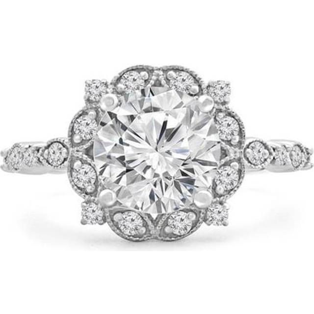 Majesty Diamonds MD240093-4 0.88 CTW Round Diamond Vintage Floral Halo Engagement Ring in 14K White Gold - Size 4