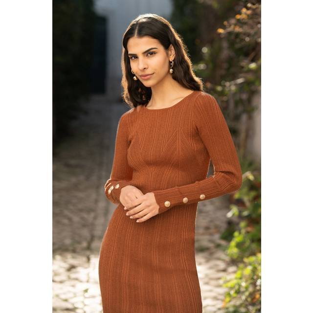 Yumi Brown Shimmer Fitted Midi Dress With Button - Size L UK - Yumi