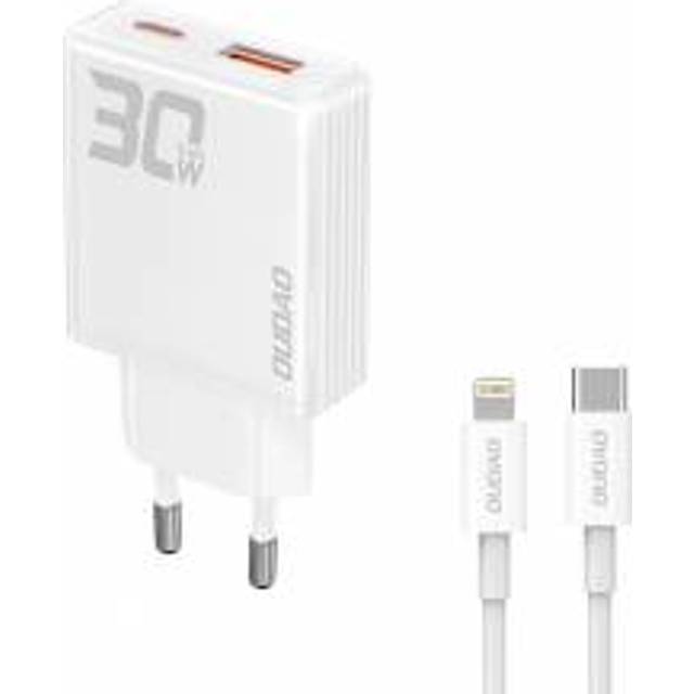 Dudao GaN USB-Laddare 30W med 1xUSB, 1xUSB-C och USB-C till Lightningkabel - Vit