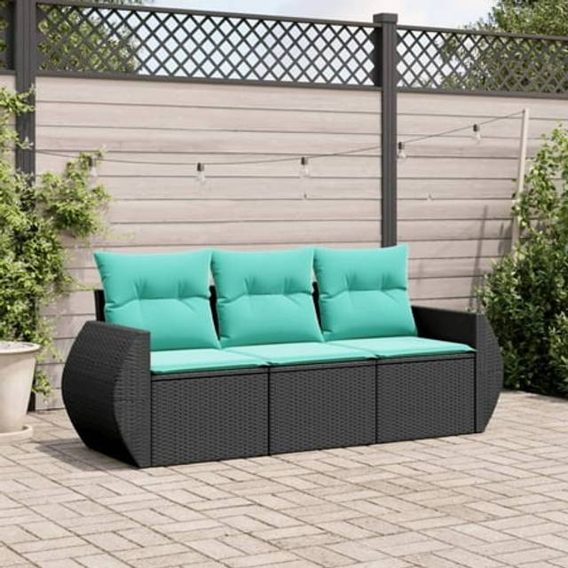 vidaXL 3 Piece Patio Sofa Set with Cushions Black Poly Rattan