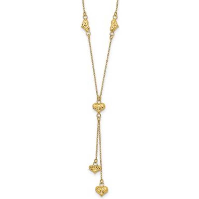 Quality Gold SF2522-16 14K Yellow Gold Polished Diamond-Cut Puffed Hearts with 2 in. Extension Y-Necklace