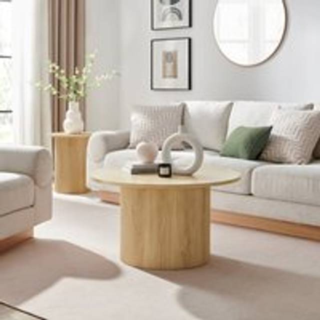 Furniturebox Penfold Oak Effect Round Wood Pedestal Coffee Table - Brown - 80 x 80 x 80cm