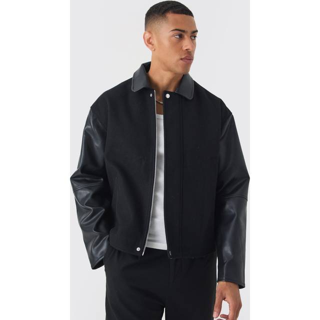 Mens Boxy PU Sleeve Collared Harrington Jacket In Black