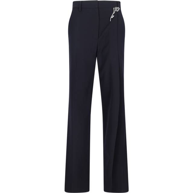 Prada, Wide Trousers, female, Blue, XS, Wool Trousers with Brooch