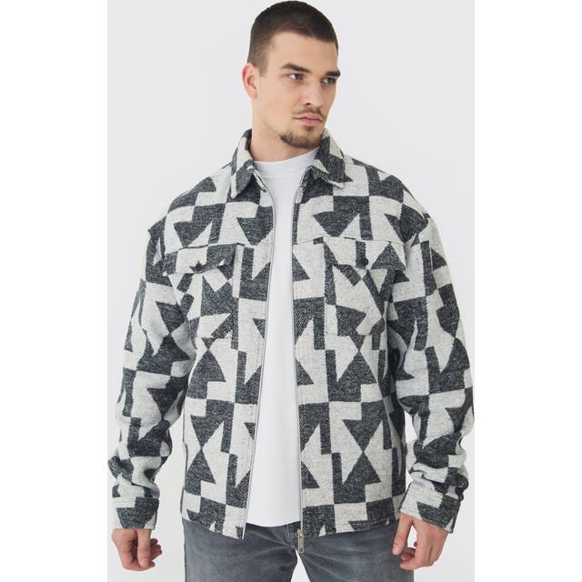 Mens Grey Tall Aztec Print Zip Through Overshirt
