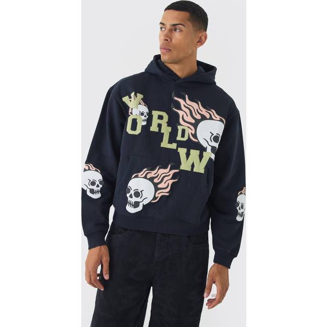 Oversized Boxy Worldwide Embroidery Skull Applique Hoodie - Navy - M