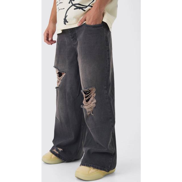 Mens Grey Extreme Baggy Ripped Pink Tint Jeans