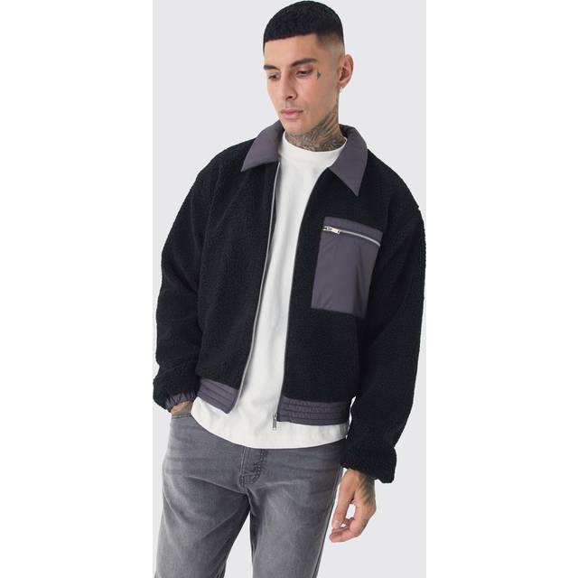 Tall Boxy Borg And Nylon Collared Bomber Jacket In Black - S