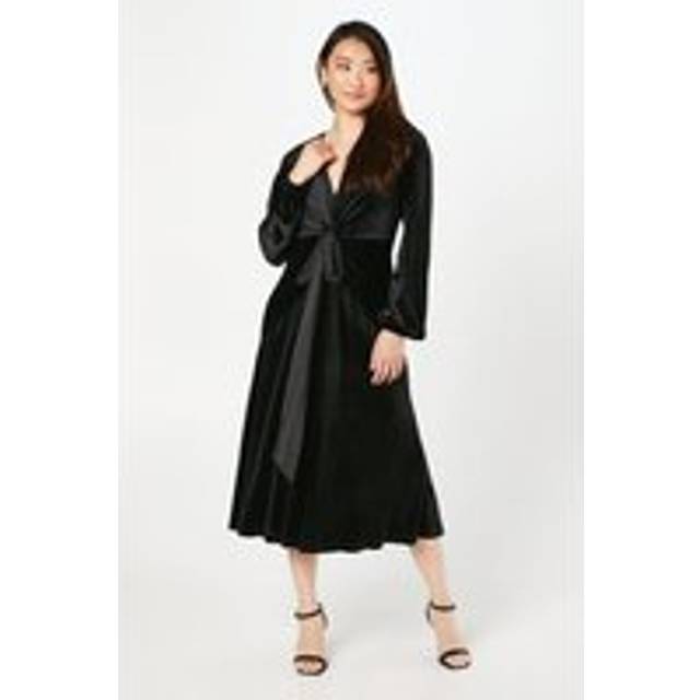 Velvet Long Sleeve Tie Midi Wedding Guest Dress - Black - 8