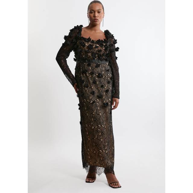 Plus Size Lace Petal Applique Woven Midi Dress - Black_Nude