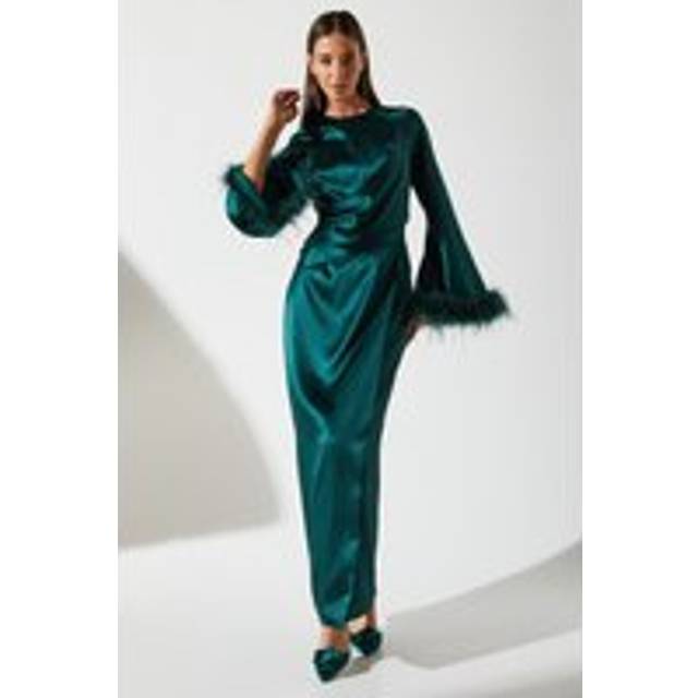 Feather Trim Satin Maxi Dress - Green - 14