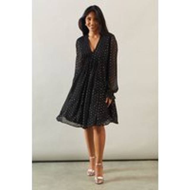 Womens Petite Occasion Glitter Spot Pintuck Shift Dress - Black - 10