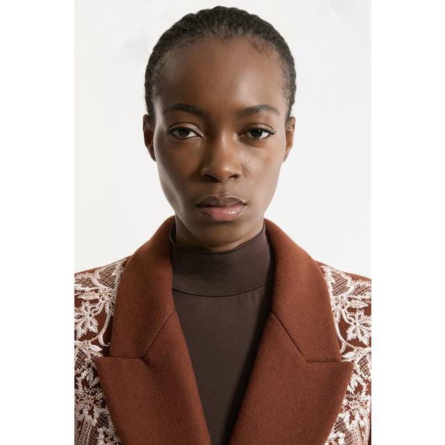 Wool Blend Embroidered Embellished Placed Floral Double Breasted Tailored Midi Coat - Khaki/Green