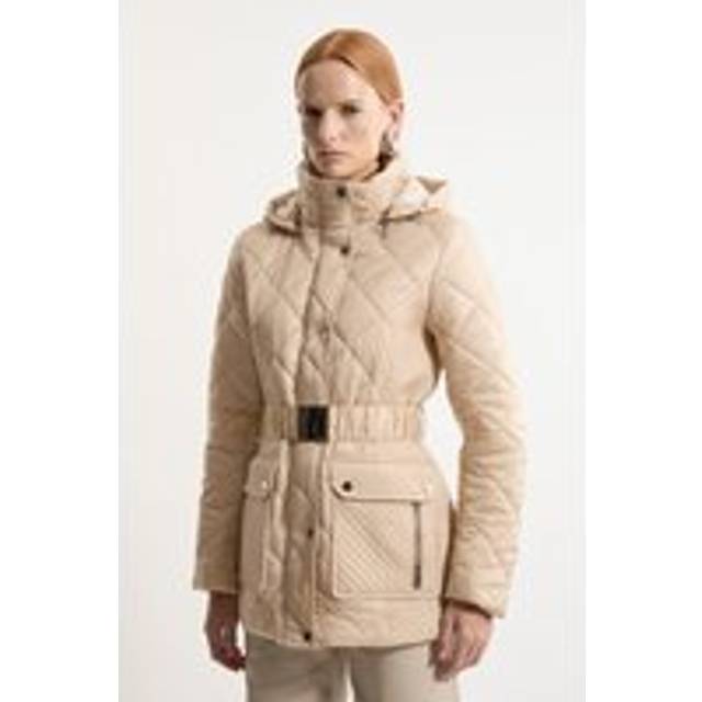 Diamond Quilted Belted Short Padded Coat - Ivory