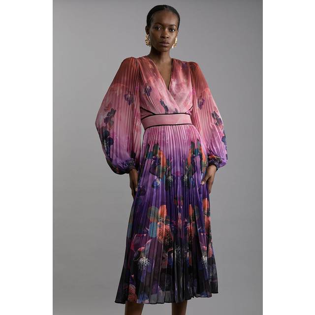 Ombre Floral Soft Pleated Long Sleeve Maxi Dress - Purple