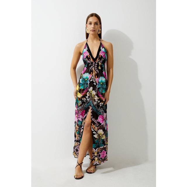 Mirrored Tropical Viscose Georgette Strappy Beach Dress